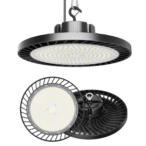 Energy-efficient LED high bay lights for industrial and commercial use.
