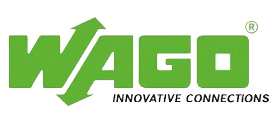 WAGO logo with green text and arrow symbol, representing innovative electrical connection solutions.