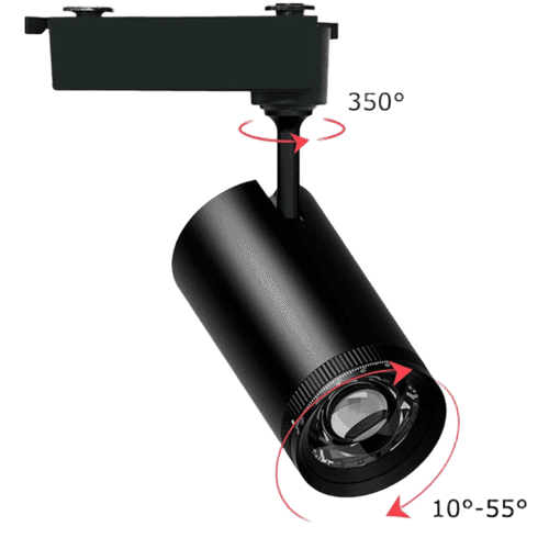 Adjustable professional LED track lighting with 350° rotation and 10°-55° tilt for versatile commercial illumination.