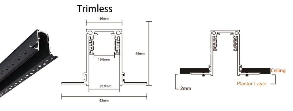 Aluminum LED profile trimless for recessed lighting, with detailed dimensions and installation layers.