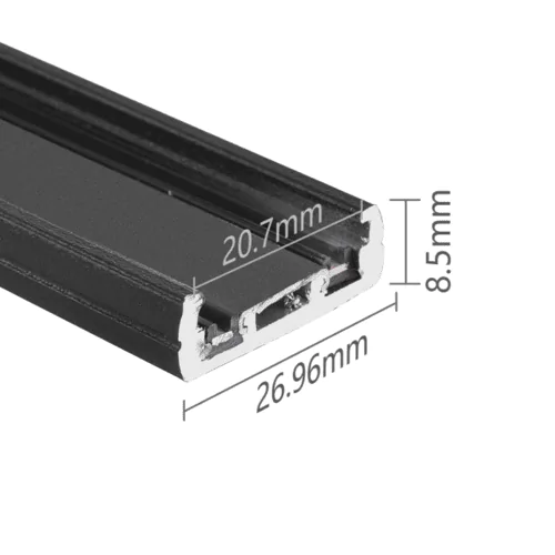 Aluminum LED strip light housing with precise measurements for professional commercial lighting applications.