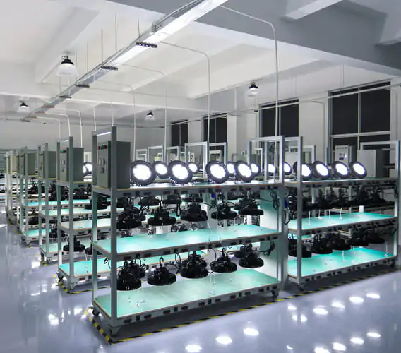 High-tech LED testing lab with professional lighting equipment for manufacturing quality control.
