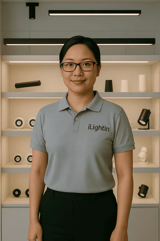 ILightin professional commercial lighting expert standing in showroom with lighting products.