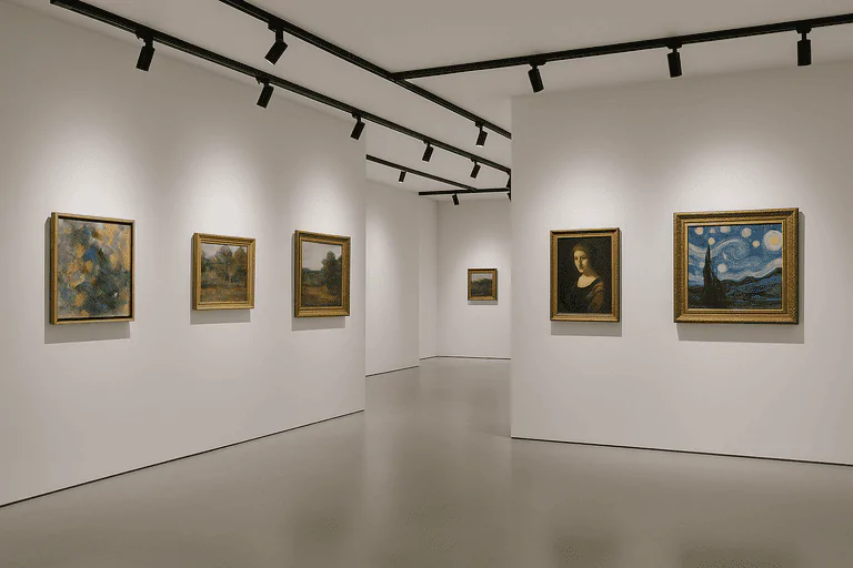 Art gallery with professional lighting showcasing landscape and portrait paintings, clean white walls, modern exhibit space.