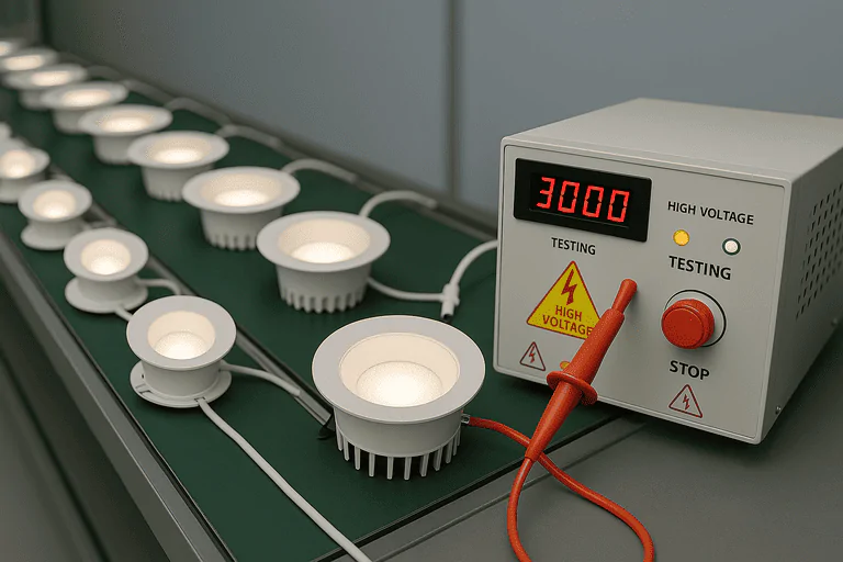 ILightin professional commercial lighting testing equipment with LED downlights on a testing bench.