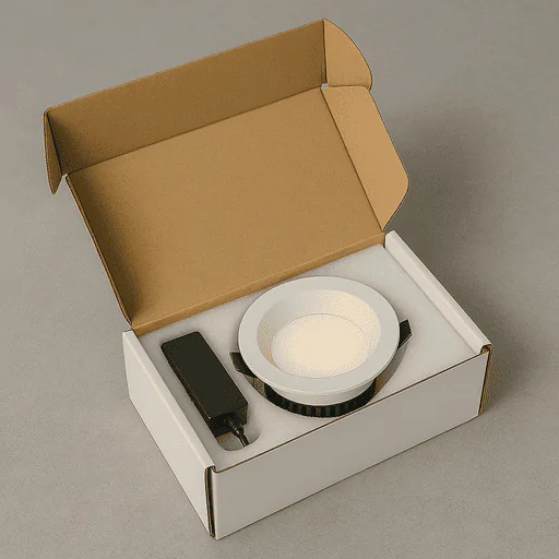 LED downlight lighting fixture with power supply in open box.