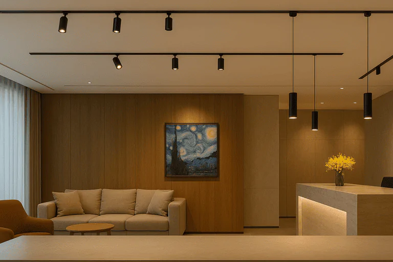 Intricate modern office lighting, warm wooden decor and comfortable seating area.