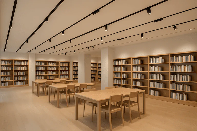 Modern library interior with wood bookshelves and tables, illuminated by professional commercial lighting.