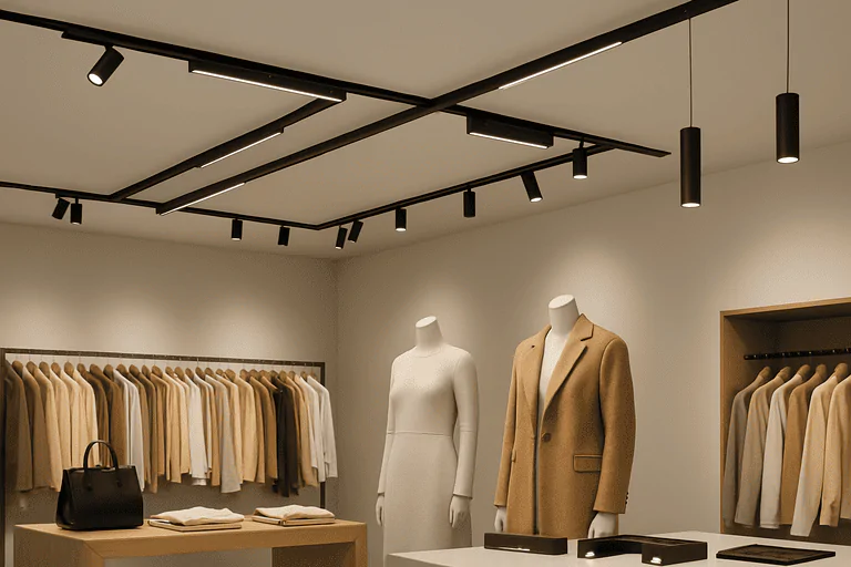 Track lighting system in a clothing store retail shop showcasing warm and focused illumination.