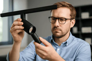 Adjustable track lighting being installed by a professional man in an office setting, commercial lighting expert.