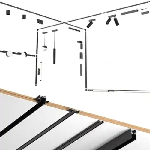 Adjustable black track lighting system with ceiling mounts for commercial spaces.