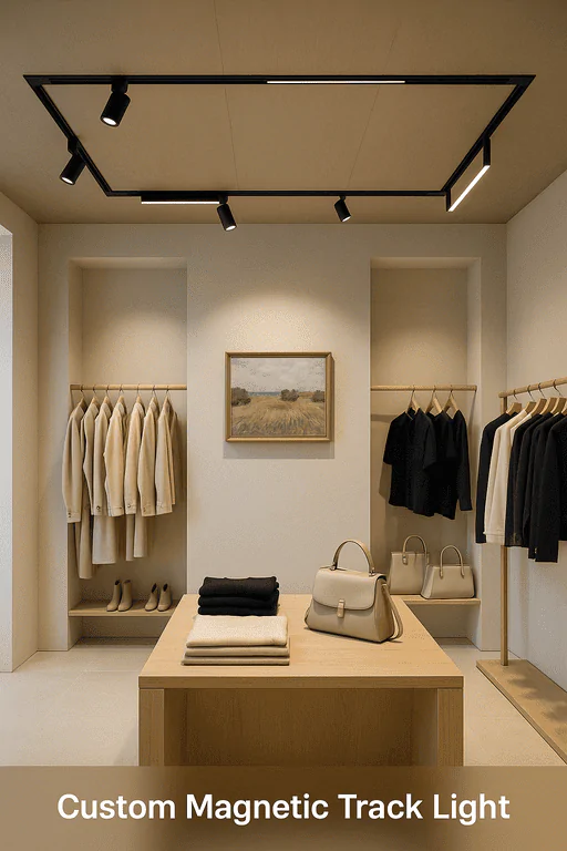 Custom magnetic track lighting for retail stores and boutiques.