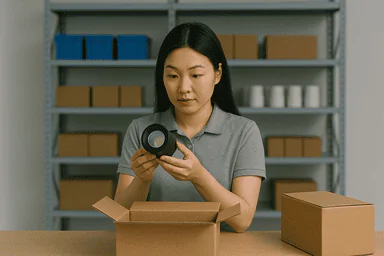 Professional woman inspecting LED lighting in warehouse.