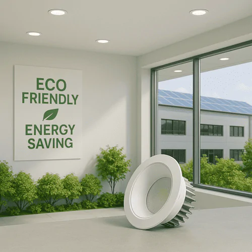 Energy-efficient LED recessed lighting fixture in modern office space with eco-friendly decor.
