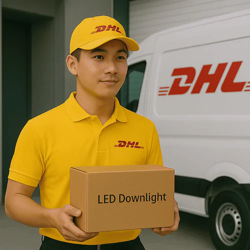Delivery person holding a DHL LED Downlight package near a DHL van in a warehouse.