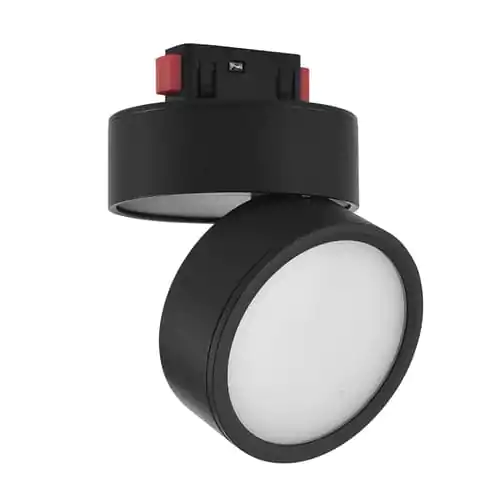 High-efficiency LED track light for commercial lighting applications, black finish with adjustable head.