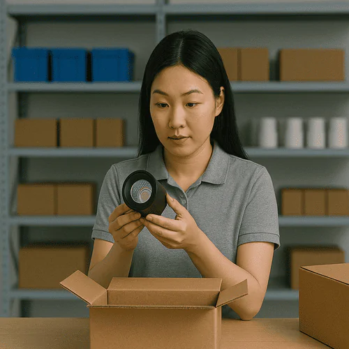 High-quality LED lighting product inspection by a female worker in a warehouse setting.