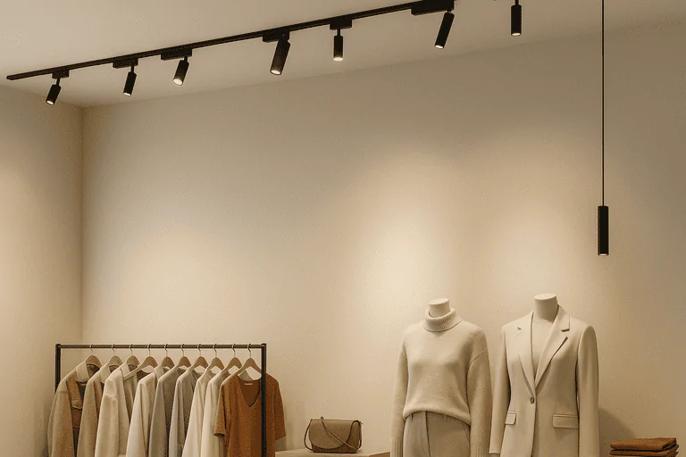 Elegant retail clothing store illuminated with professional commercial lighting solutions.