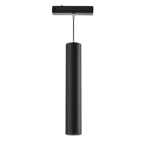 High-quality black cylindrical pendant LED light fixture for commercial spaces.