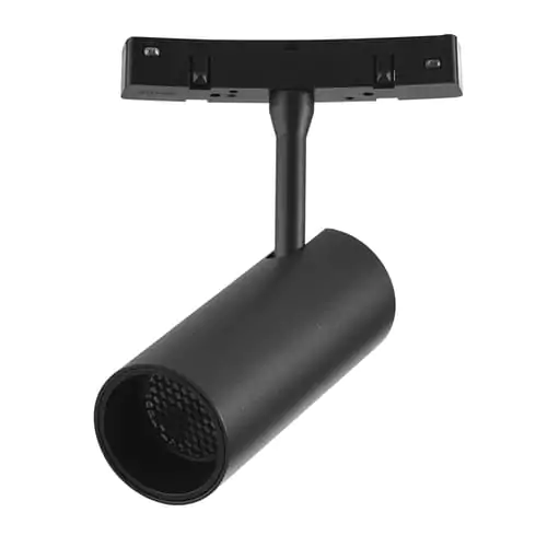 Adjustable black commercial track light for professional lighting installation.