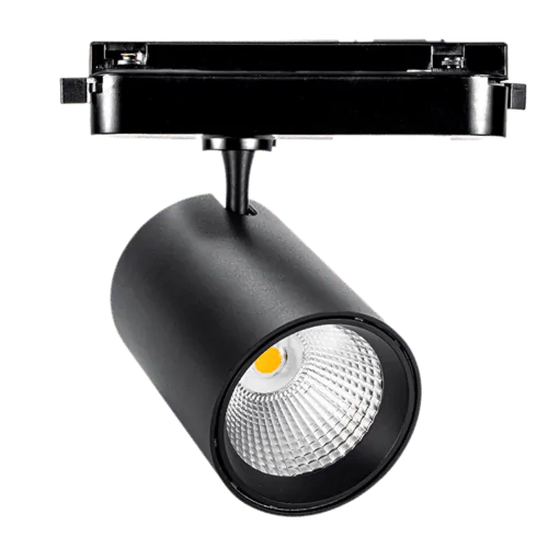 Black professional LED track lighting fixture with adjustable design for commercial spaces.