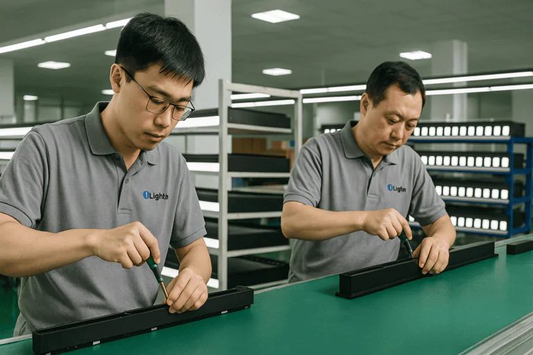 High-quality commercial LED lighting assembly at iLightin manufacturing facility.