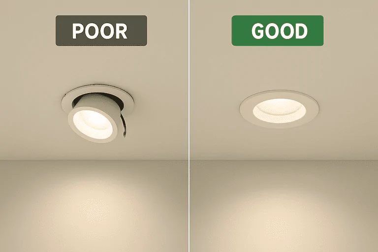 Adjustable ceiling light fixture demonstrating poor versus good lighting quality.