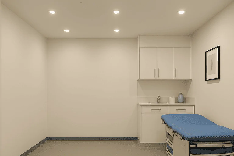 Bright clinical room with ceiling lights and medical examination bed.