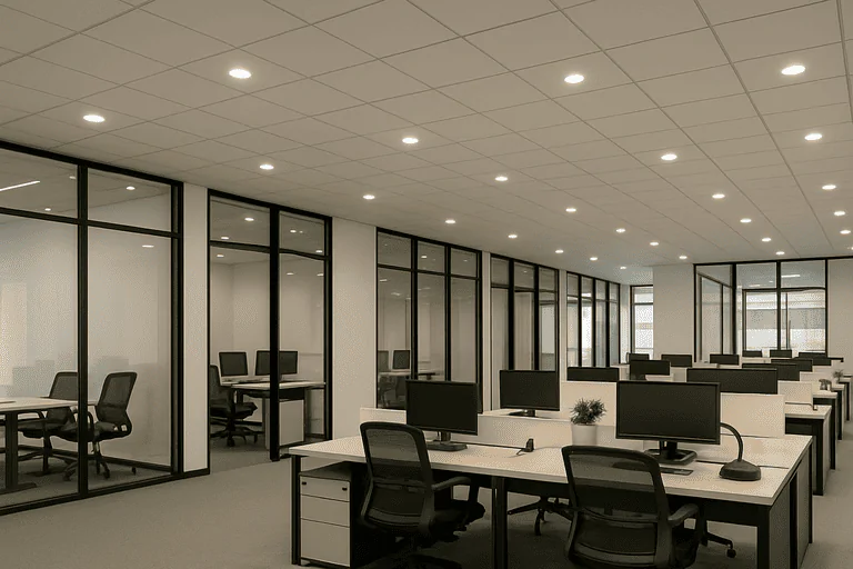 High-efficiency LED office lighting fixtures in a modern workspace.