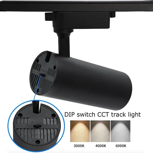 Adjustable black track lighting fixture with DIP switch CCT control, available in 3000K, 4000K, and 6000K.
