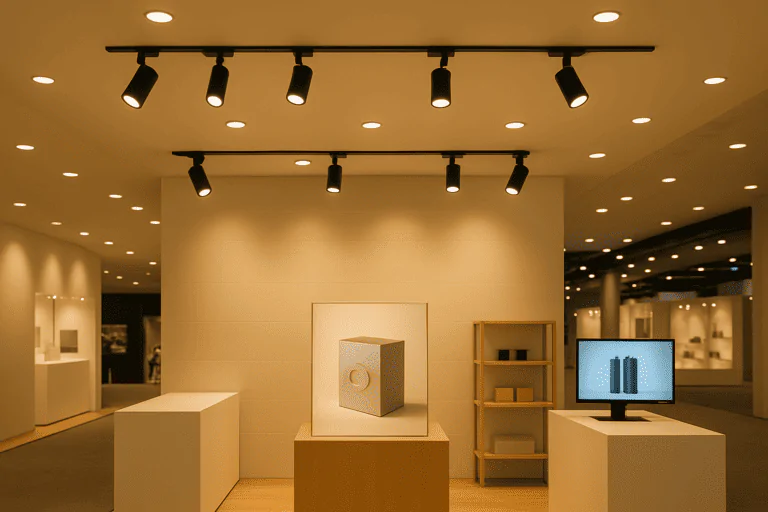 ILightin professional commercial lighting showroom with modern ceiling lights and display screens.