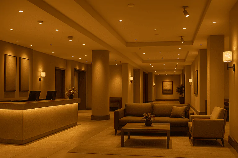 Charming hotel lobby illuminated by warm, professional commercial lighting fixtures.