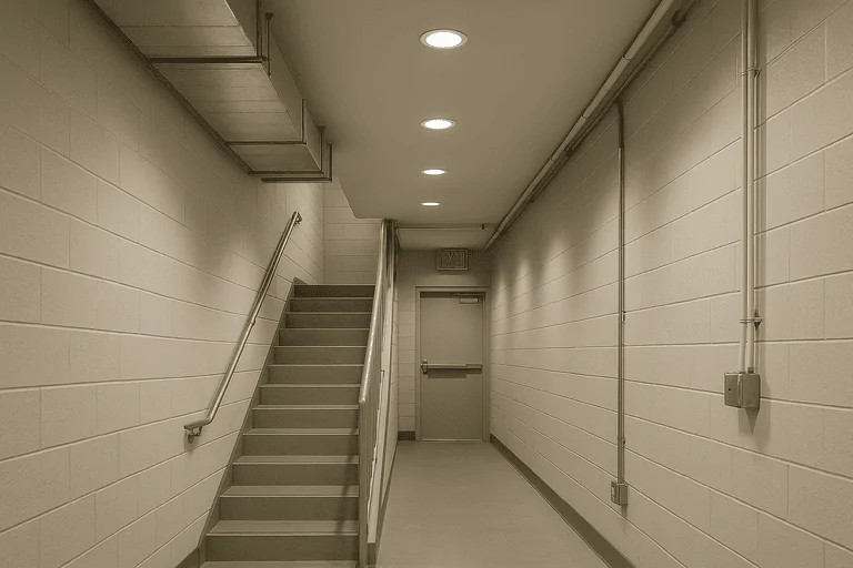 Industrial corridor with modern lighting fixtures and clean design.