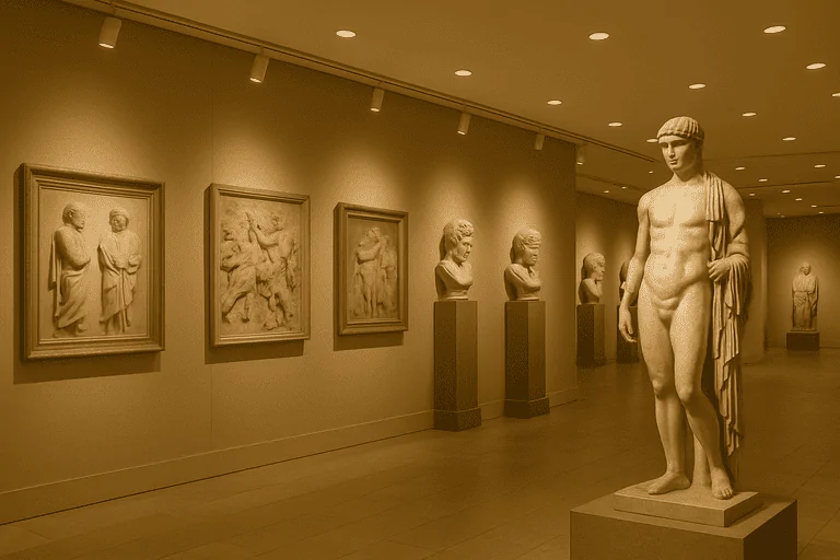 Antique Greek sculptures illuminated by professional museum lighting in an art gallery.