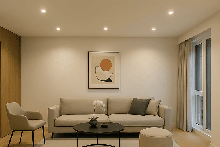 LED ceiling light fixtures illuminating a modern living room.