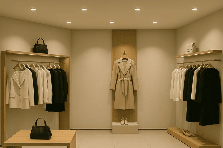 Black and white women's formal coats displayed in a boutique store with overhead lighting.