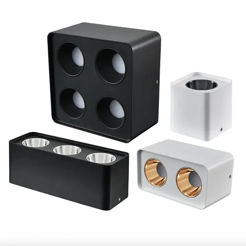 Black, white, and dual-color adjustable LED light fixtures for professional commercial lighting applications.