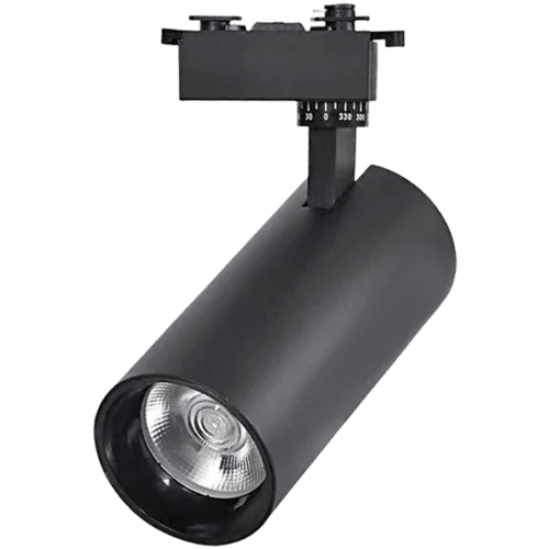 Track-mounted LED spotlight for professional commercial lighting applications.