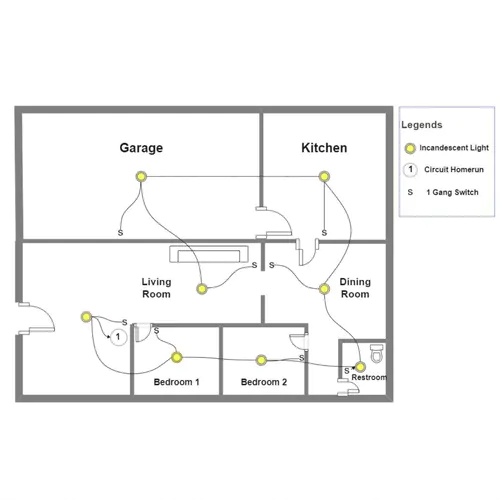 Garage and kitchen lighting layout with circuit switches and incandescent lights.