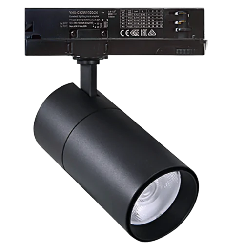 High-quality black LED track spotlight for professional commercial lighting applications.