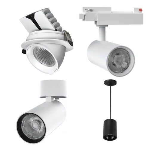 Adjustable white commercial LED track and spotlight lighting fixtures for professional use in retail and office spaces, high-quality ceiling lighting.