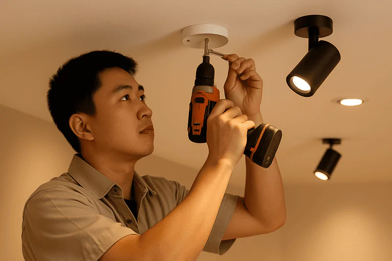 Professional electrician installing ceiling lights with drill, interior lighting setup, commercial lighting installation.