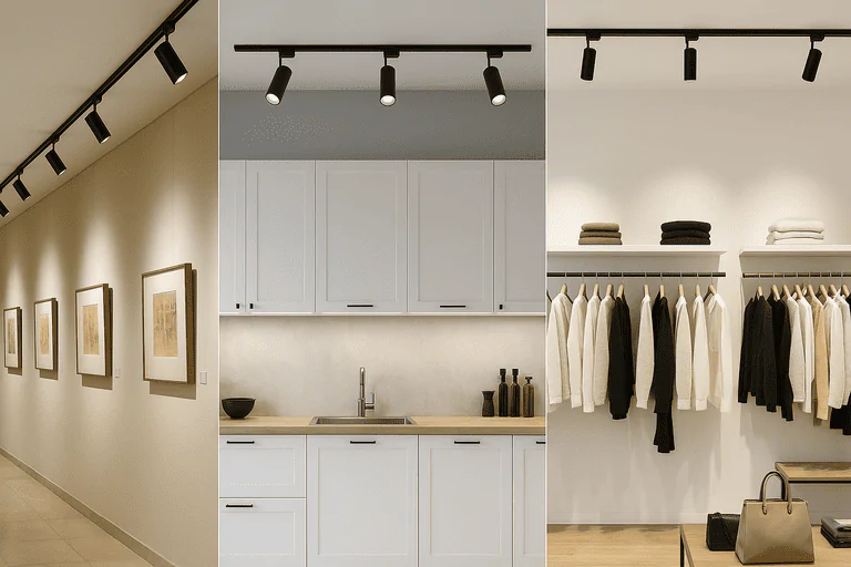 High-efficiency LED track lighting in art gallery setting for optimal artwork illumination.