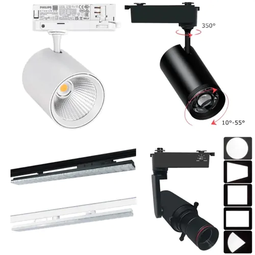Modern adjustable LED track lighting fixtures for commercial spaces.