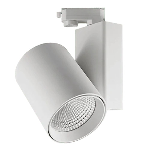 Adjustable white LED track lighting fixture for commercial spaces, energy-efficient and modern design.