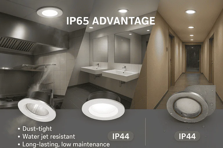 IP65 professional commercial lighting for kitchens, bathrooms, and hallways.